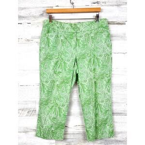 Talbots Womens 12 Petite Green White Paisley Curvy Crop Pants Lightweight